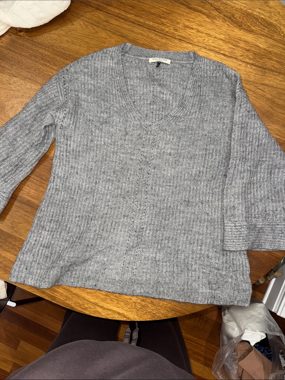 Halston Gray Ribbed V-Neck Sweater
